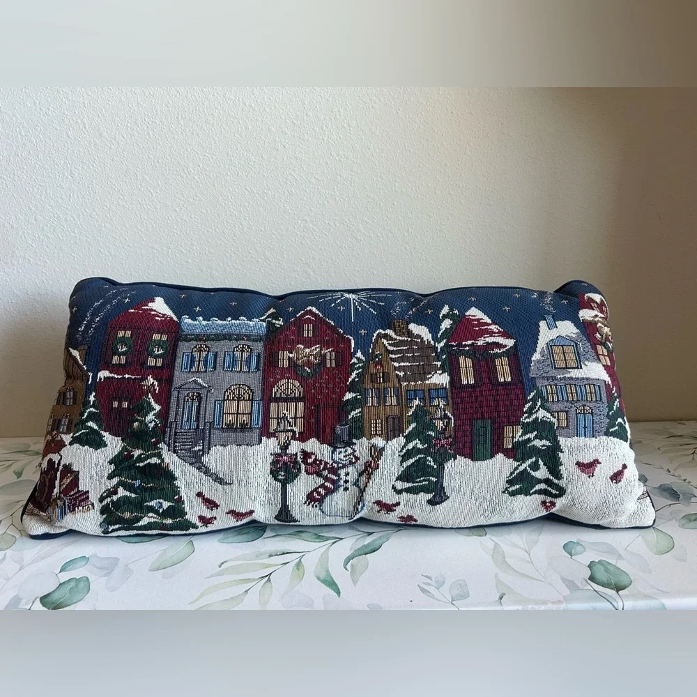 Festive Village Scene Holiday Pillow